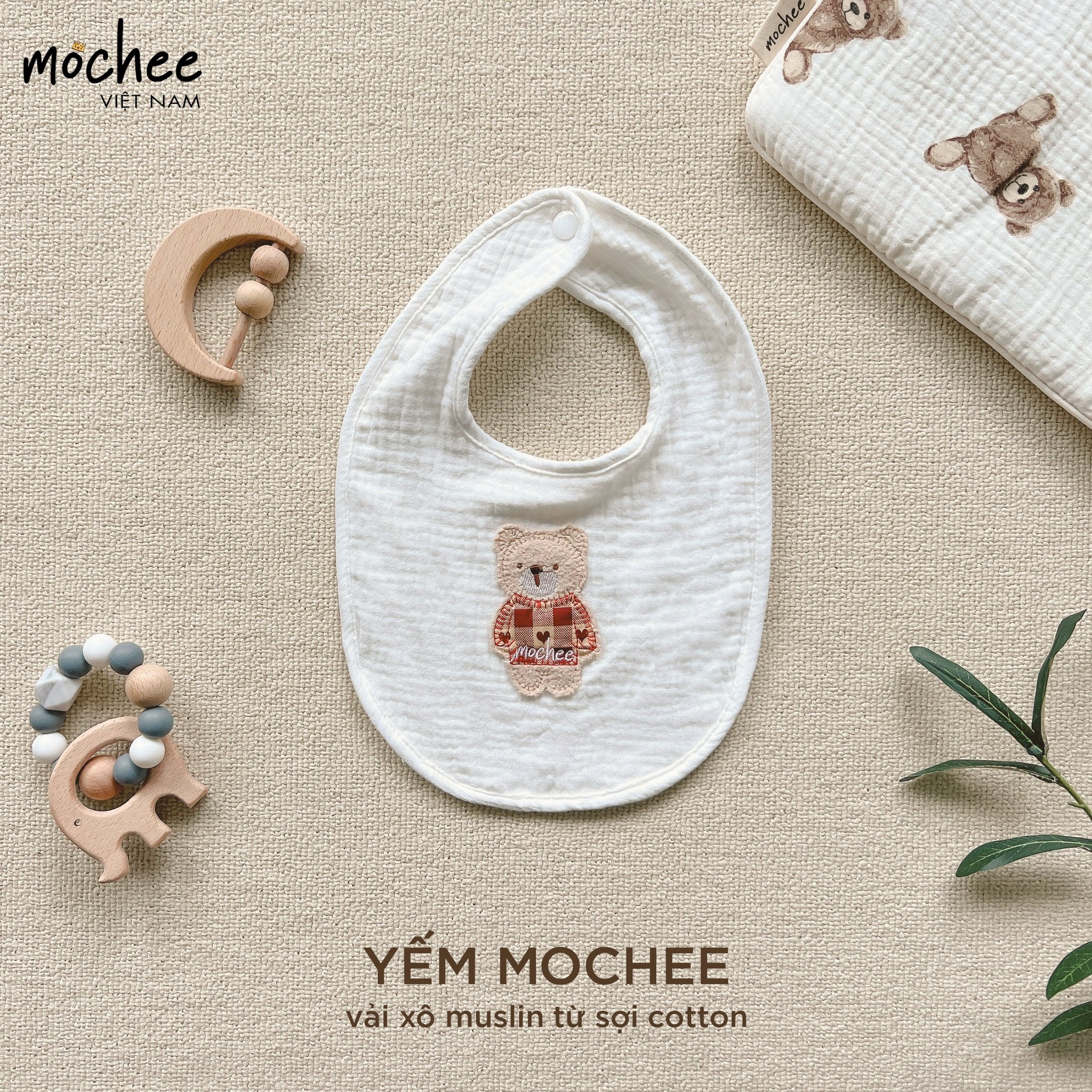 Yếm vải xô muslin cao cấp cho bé Mochee 20x17cm, yếm ăn dặm mềm mại, an toàn cho bé