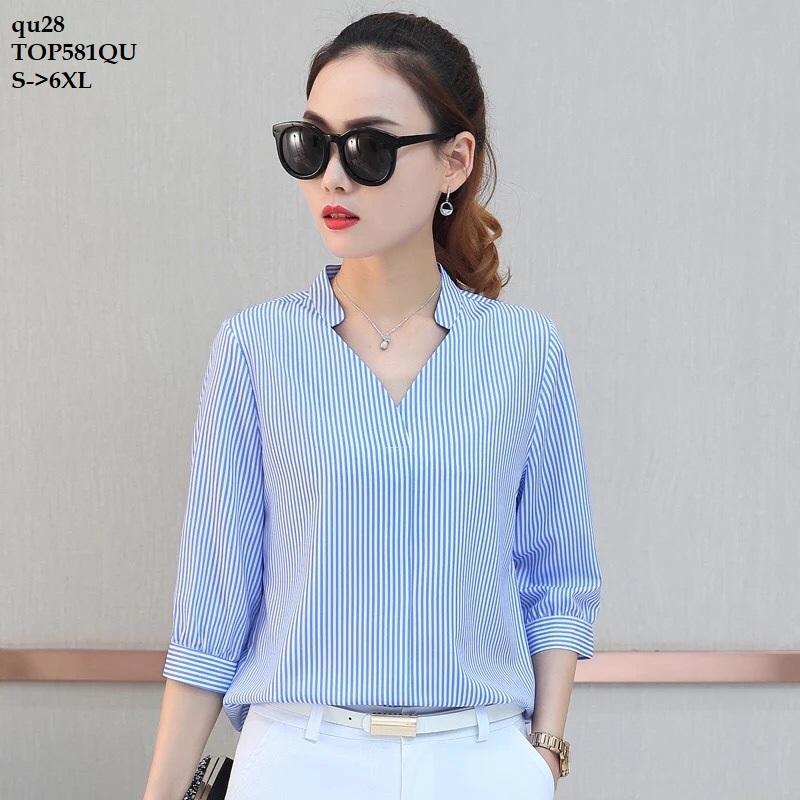Top581qu áo sơ mi sọc tay lỡ