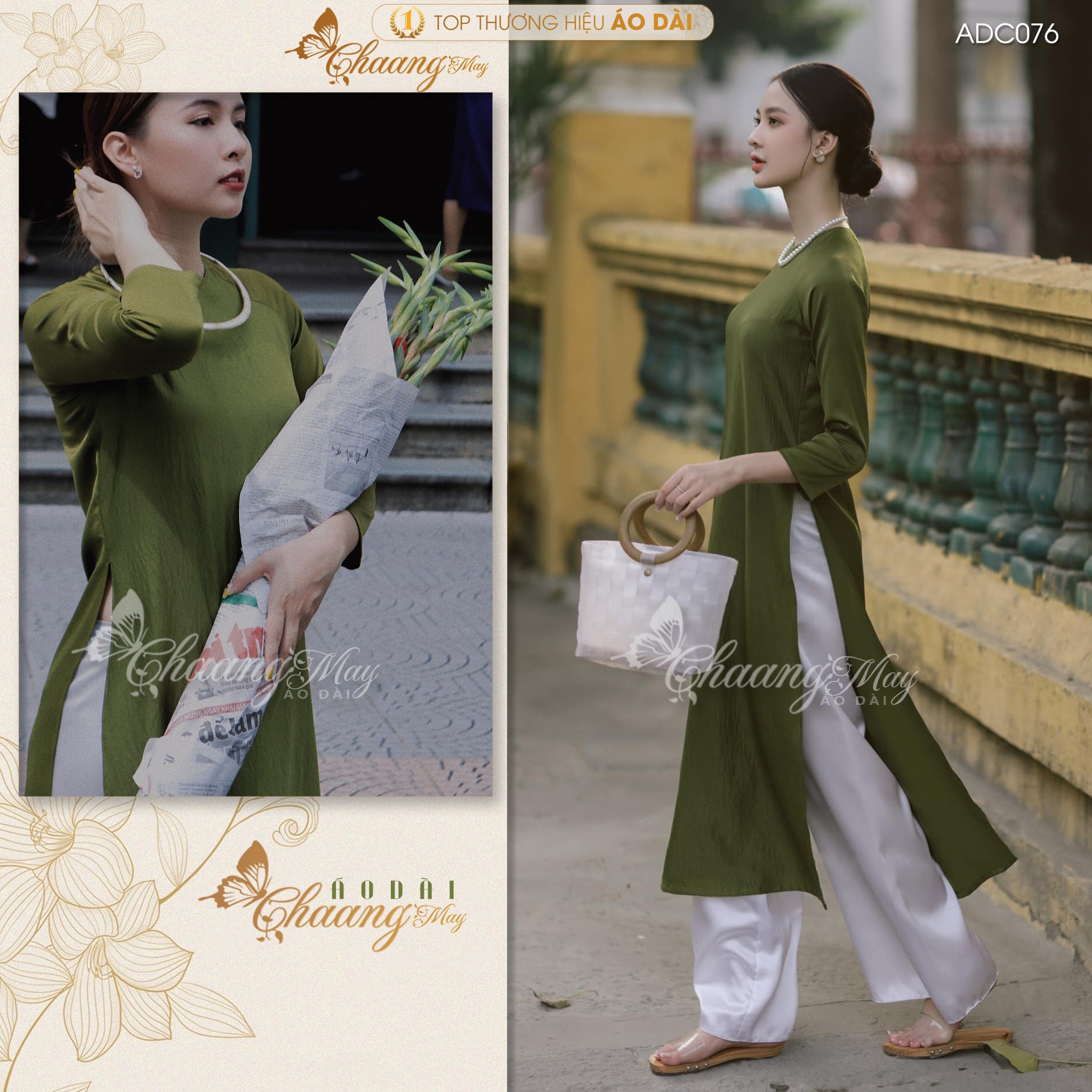 Áo dài cách tân nữ xanh cốm dáng suông xưa Chaang may sẵn lụa xuông bầu dự tiệc lễ tết đẹp ADC076