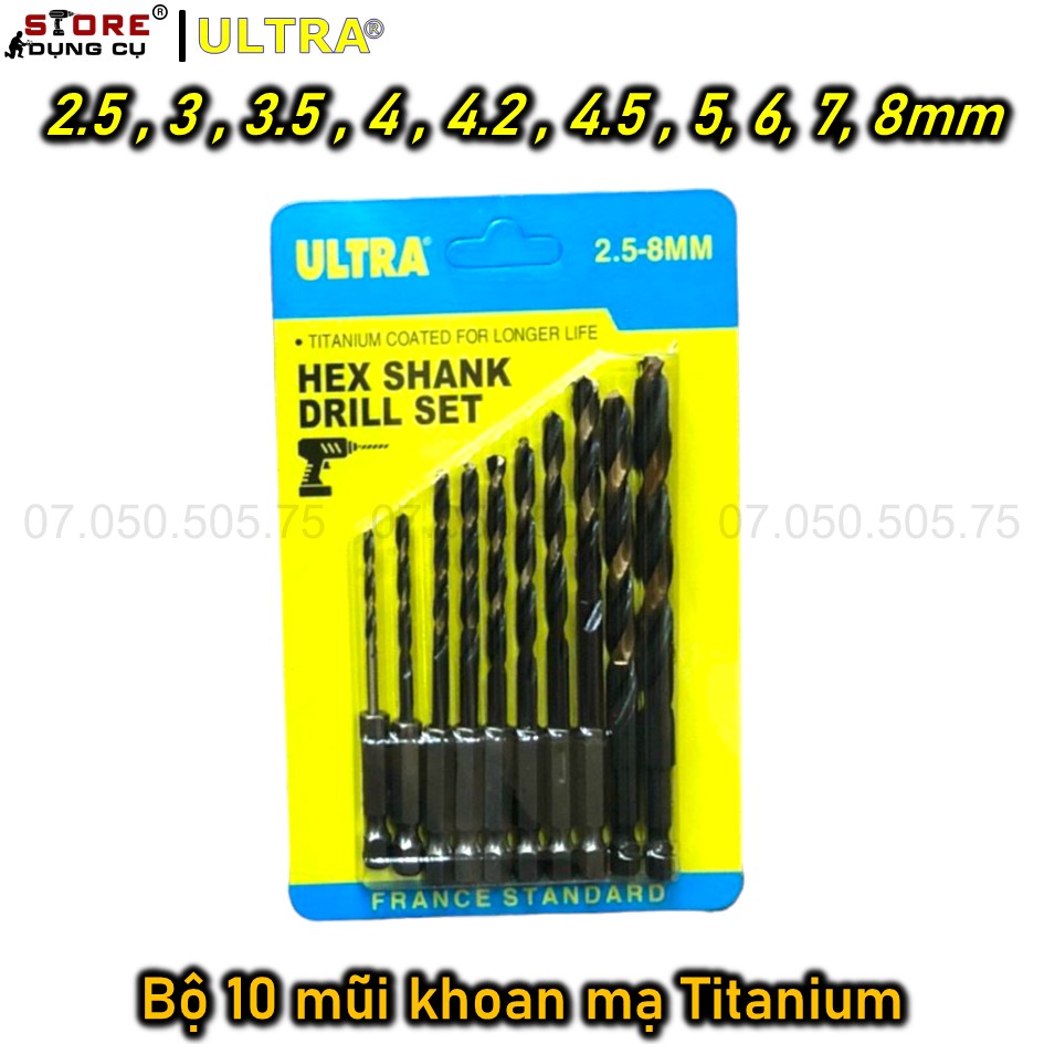 2.5-10mm Mũi khoan inox chân lục giác cao cấp ULTRA, Mũi khoan kim loại phủ Titanium, khoan sắt, gỗ, nhôm, nhựa,... mũi khoan chuôi lục giác