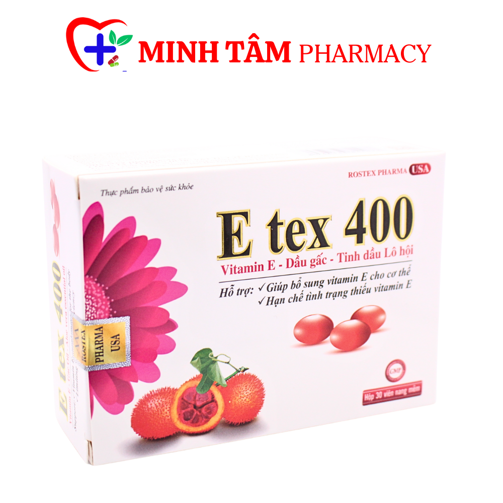 Vitamin E Đỏ Dầu Gấc E Tex 400 IU cấp ấm, giảm nếp nhăn, sáng mịn da, chống lão hóa, cải thiện sinh lý nữ - Hộp 30 Viên