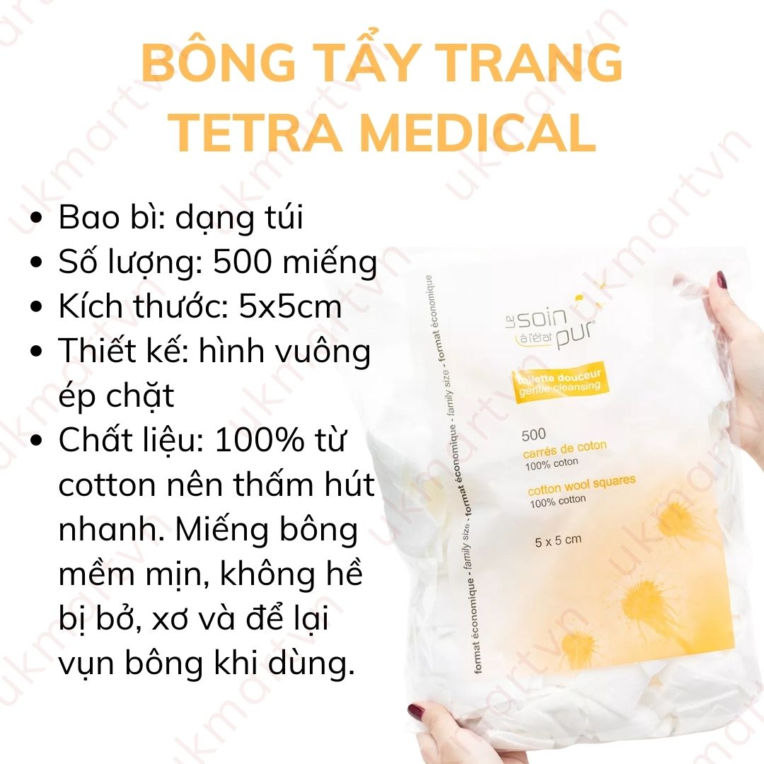 Bông Tẩy Trang Pháp Tetra Medical Carrés De Coton Le Soin Làlétat Pur 500 - 600 Miếng