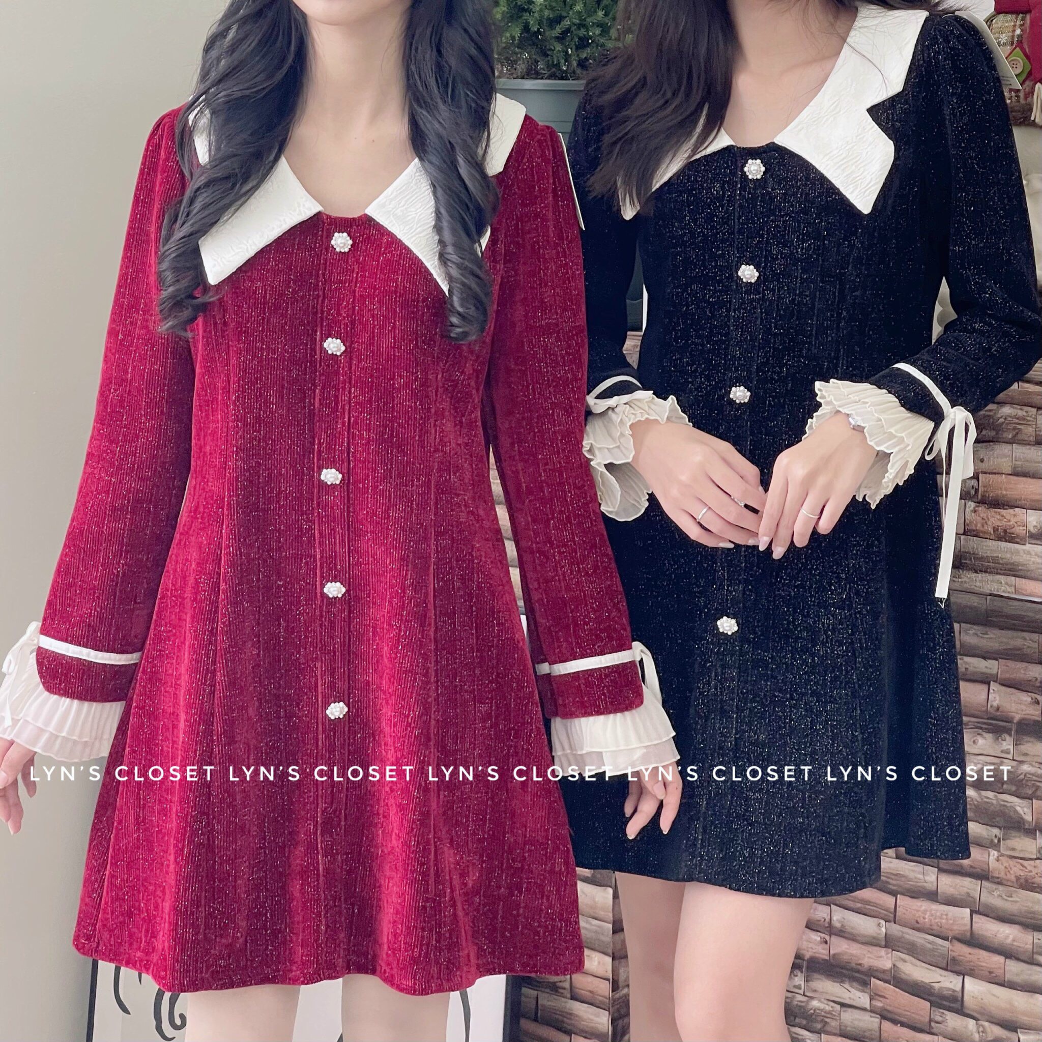 Đầm ticke nhung phối cổ trắng freesize - Lyn's Closet