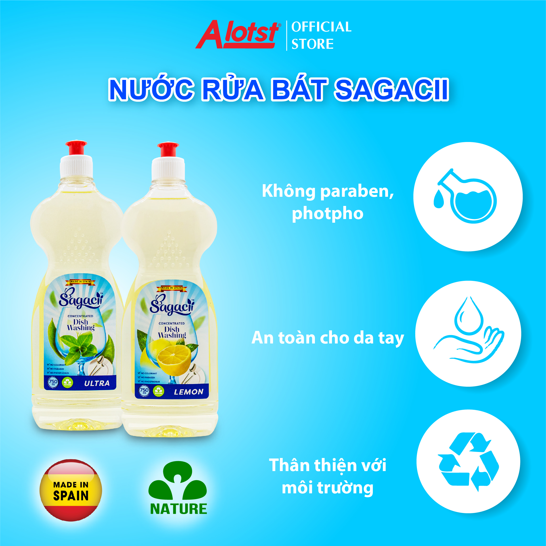 Nước rửa chén bát đậm đặc Sagacii 750ml Lemon made in Spain