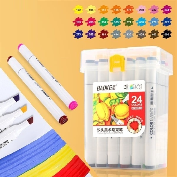 Hộp bút dạ màu marker 2 đầu ngòi 1mm và 6mm baoke mp2933 - 12/24/36/48 màu