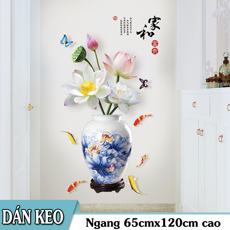 [HCM]Decal trang trí tường - Chậu Hoa Sen Trắng 3D cao cấp