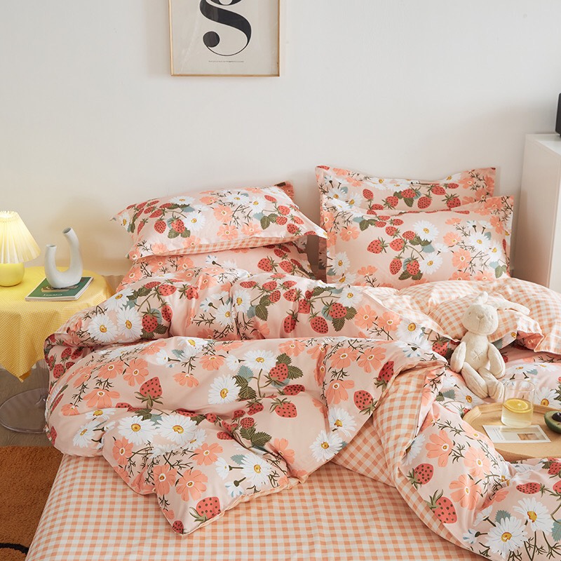 Trọn Bộ 4 Món Cotton Poly Nhập Mẫu HOA DÂU TÂY dễ thương dành cho bé gái/bạn gái