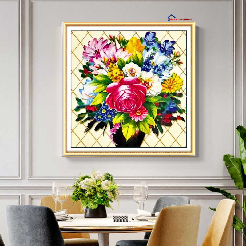 Tranh đính đá bình hoa khoe sắc 60cm x 60cm