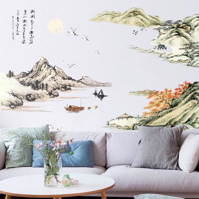 Tranh dán tường, Decal dán tường cành mai trắng và núi