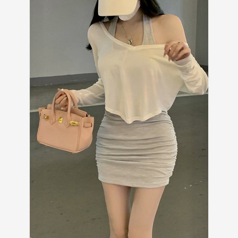 Sét đầm choàng cổ + áo khoác ngoài( áo khoác lụa + đầm gân)