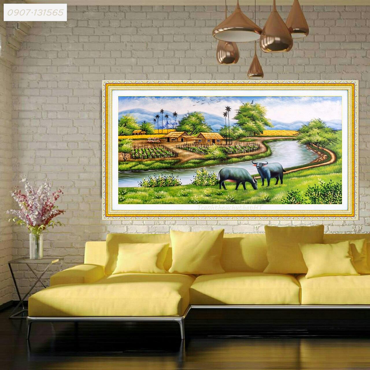 Tranh đính đá phong cảnh Làng quê thanh bình LV045 - tự đính