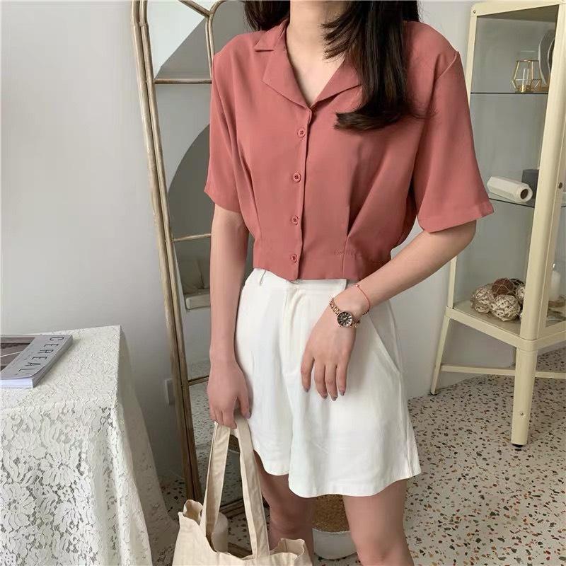 Áo sơ mi croptop chiết eo xinh xắn. NU3031