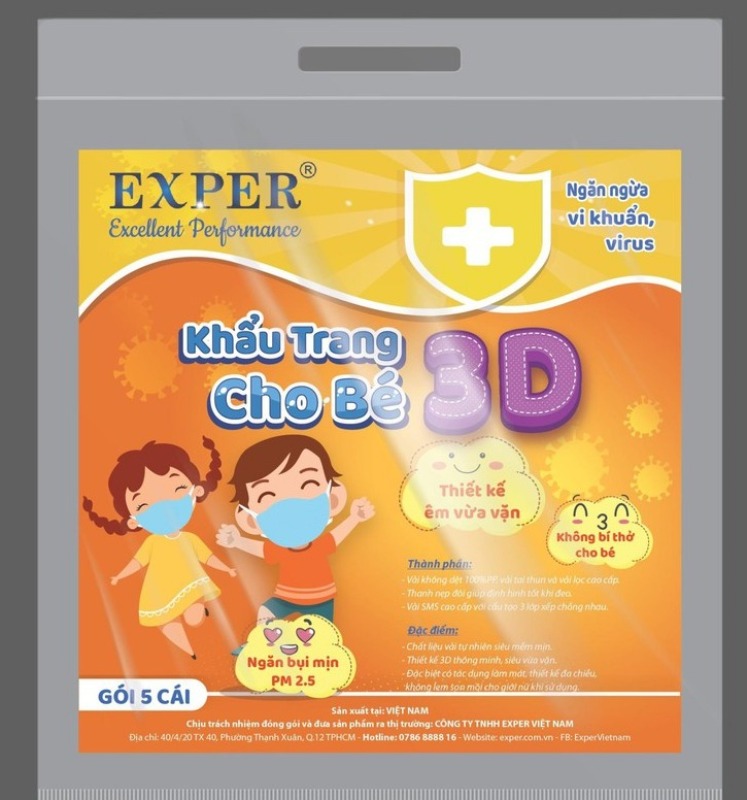 Khẩu trang cho bé 3D 3 lớp Kháng khuẩn, ngăn bụi mịn EXPER - Gói 5 cái