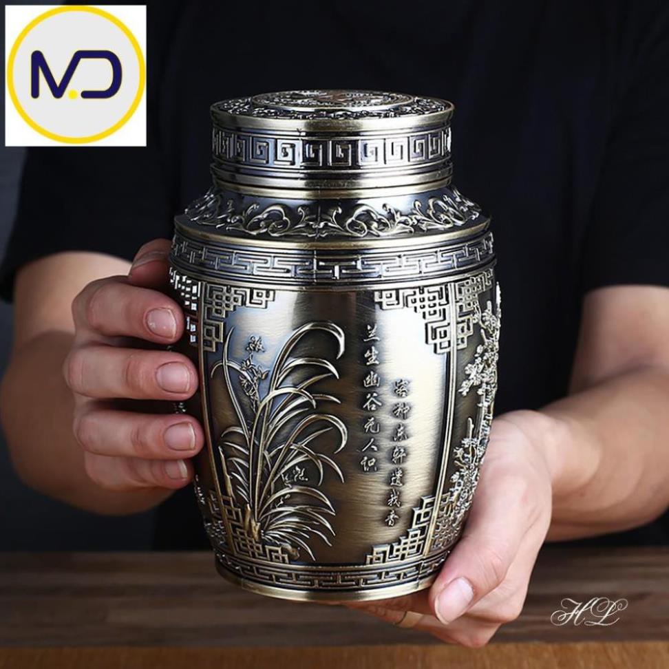 Lọ đựng chè đồng hoa văn cổ | Lọ chè hợp kim đồng size To