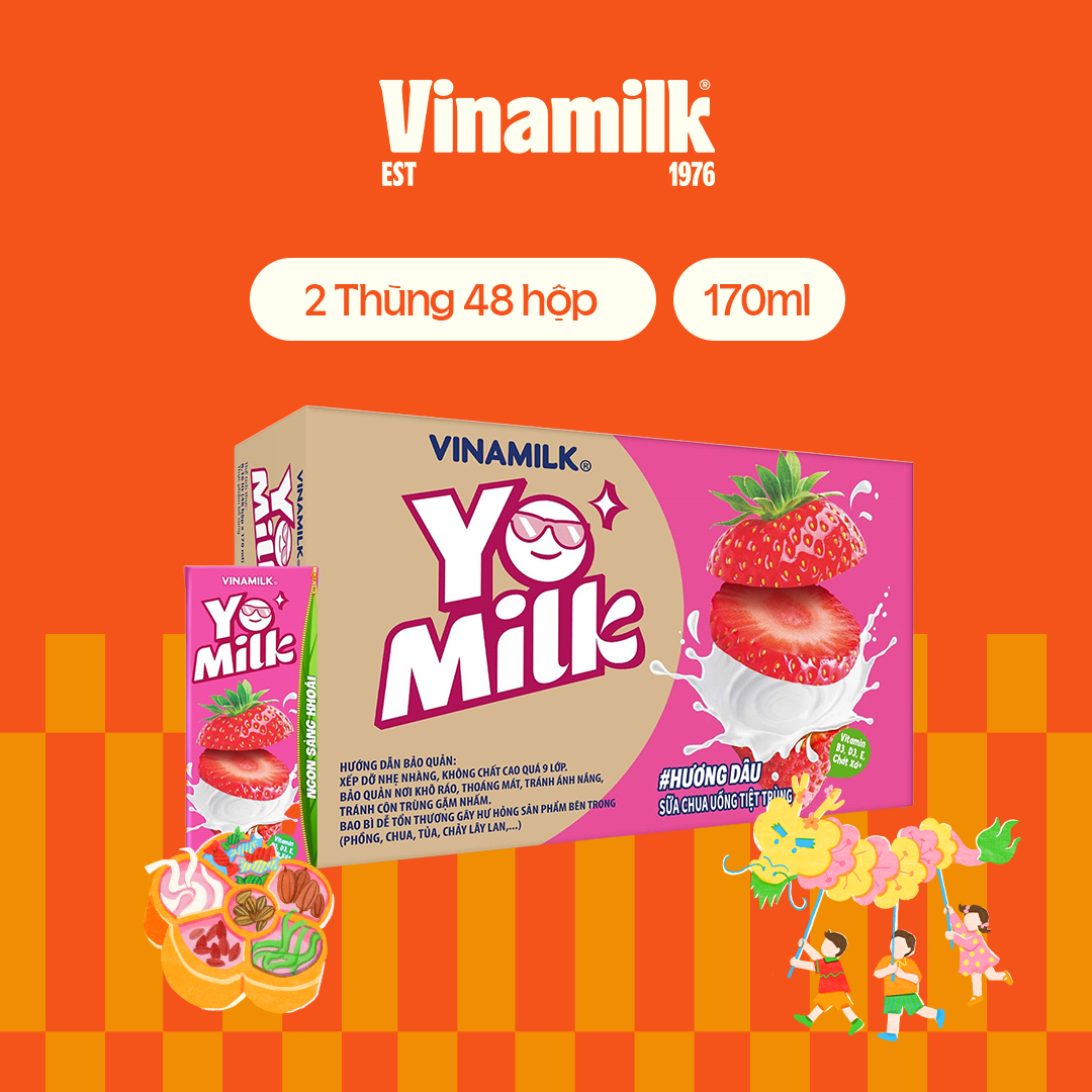 2 Thùng sữa chua uống hương dâu Yomilk - hộp giấy x 170ml 48 hộp/thùng
