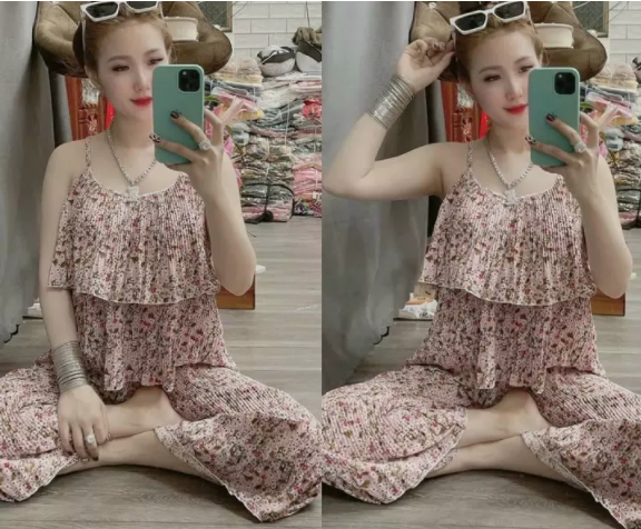Sét rời thiết kế áo 2 dây dập li xếp tầng trẻ trung chuẩn xinh