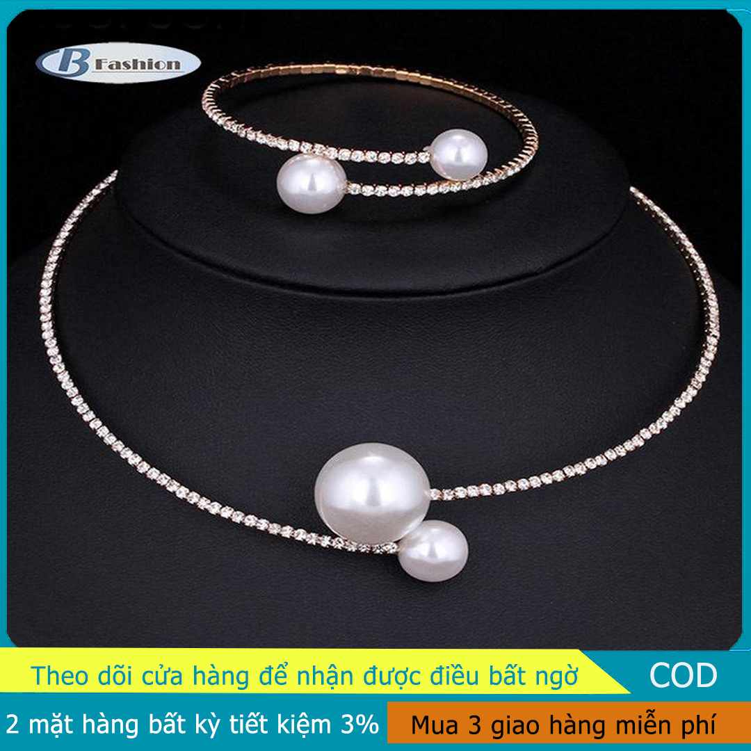 B-F Fashion Women Simple Simulated Pearl Bridal Jewelry Sets Crystal Wedding Necklace+Bracelet Set