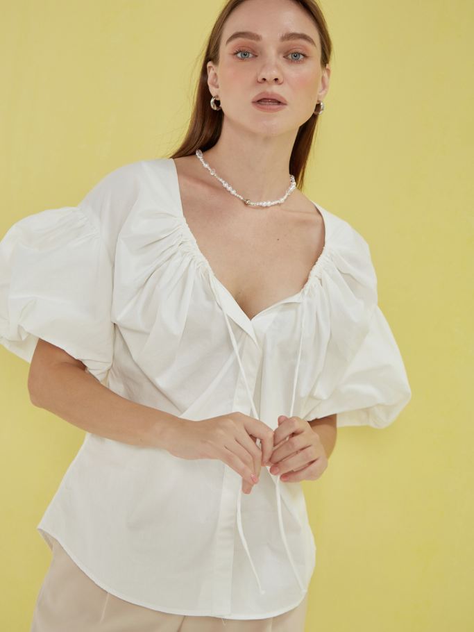 COCO SIN - Áo Trắng Tay Phồng Cột Nơ