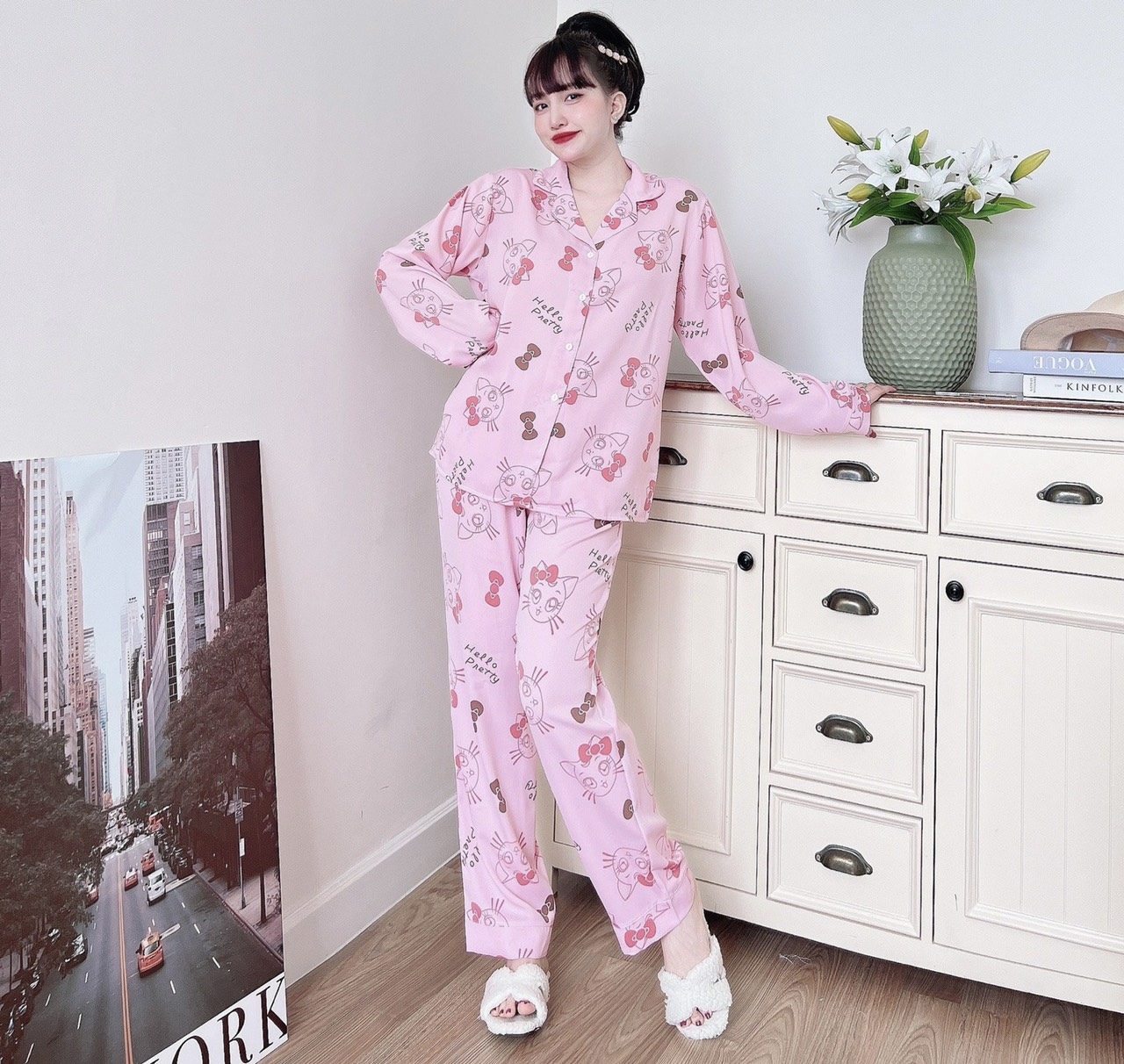Đồ bộ pijama bigsize nữ đồ mặc nhà tay dài lụa mango cao câp 5O -1OOKG