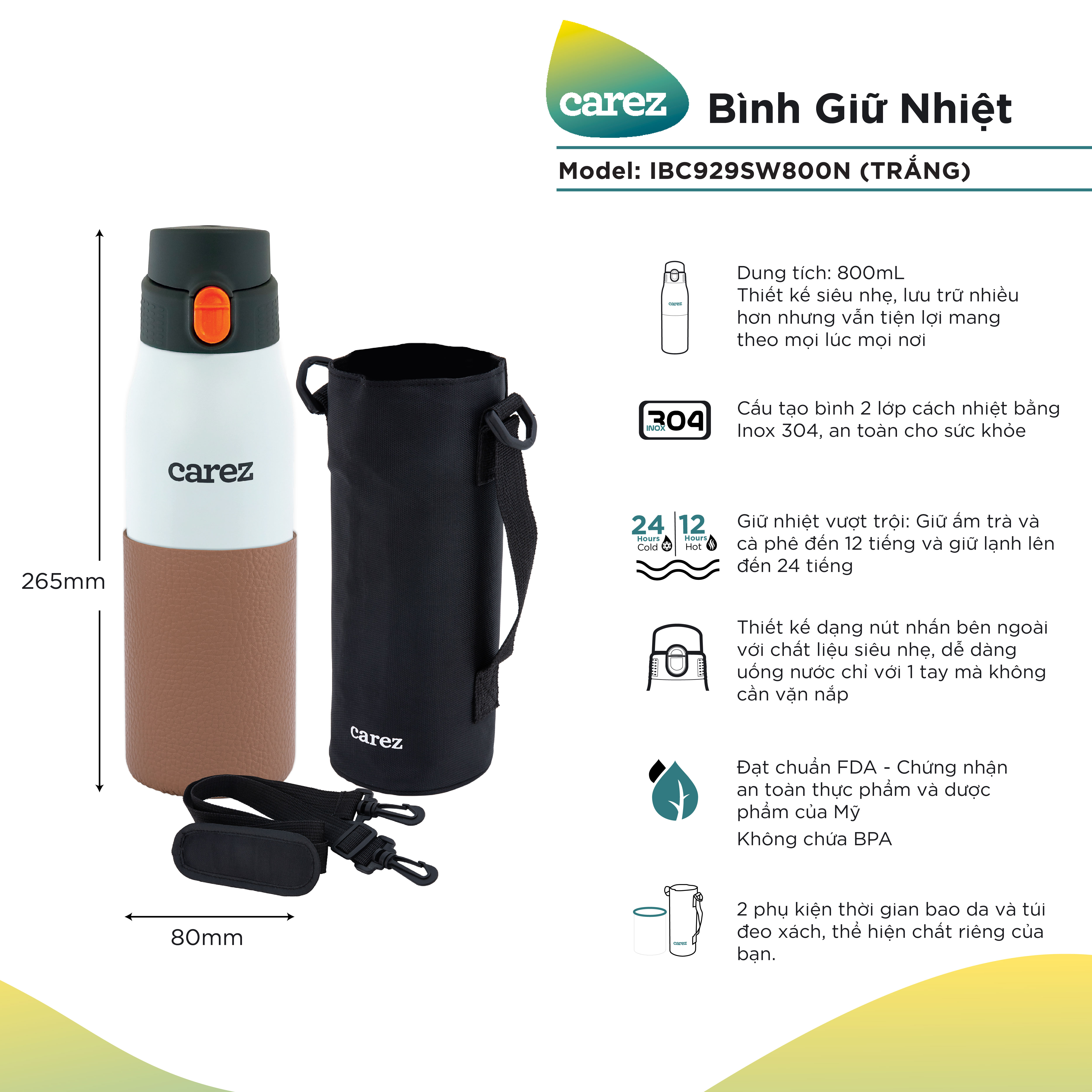 Carez ibc929sw800n-800ml Thermos bottle, stainless steel 304, BPA free-keep hot up to 12 hours, keep cold for up to 24 hours-get a sling bag-authentic