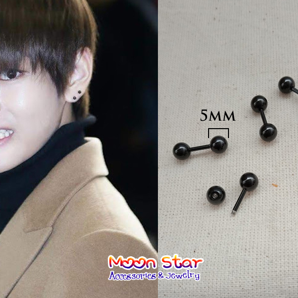 [HCM]2 CHIẾC Bông tai nam 2 đầu bi hình tròn cỡ 5mm hàng loại tốt đen bóng style idol hàn quốc - moon store acc