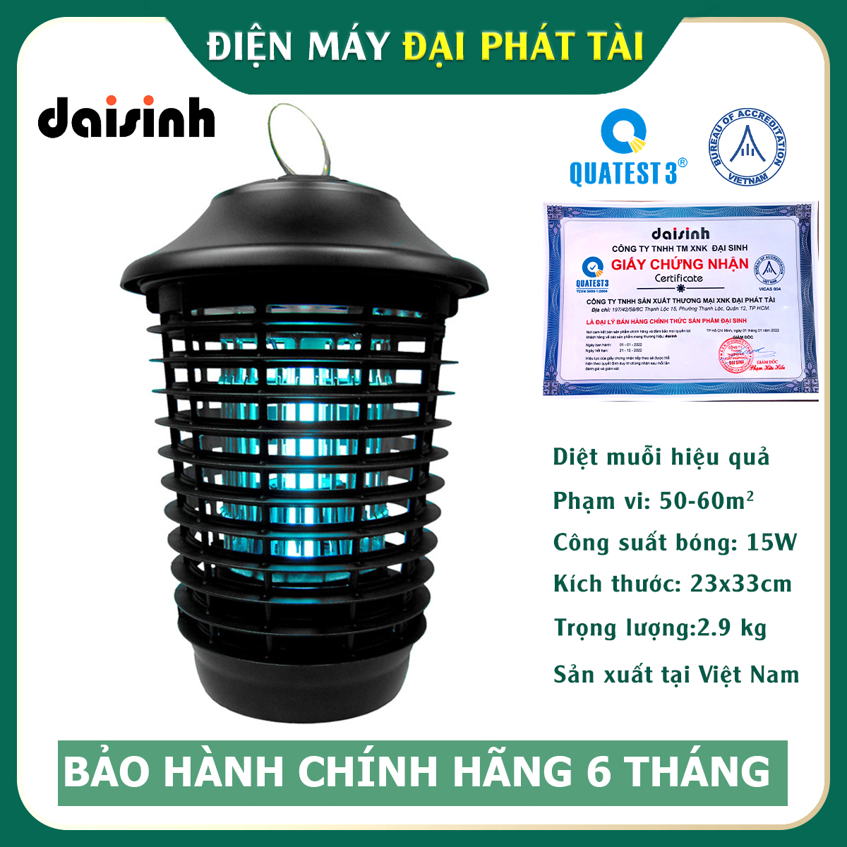 [HCM]Đèn Bắt Muỗi và Diệt Côn Trùng Đại Sinh DS-DU15 (đen)