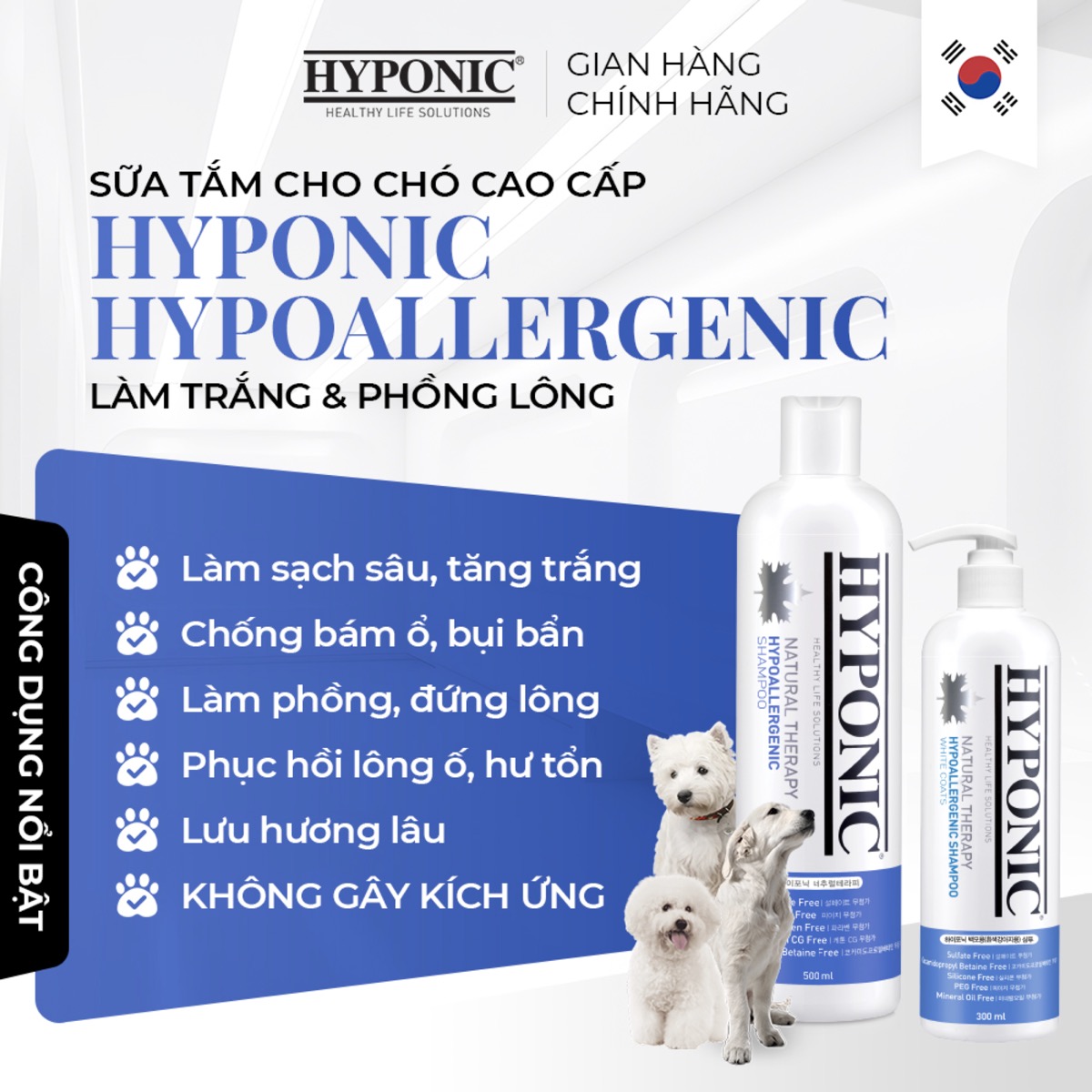 Sữa tắm cho chó cao cấp HYPONIC Hypoallergenic, làm trắng & phồng lông
