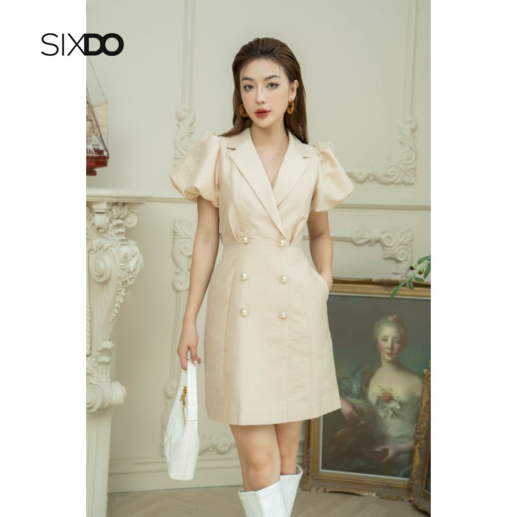 Đầm cổ vest tay bồng thời trang SIXDO (Delicate Yellow Short Sleeves Mini Taffeta Dress)
