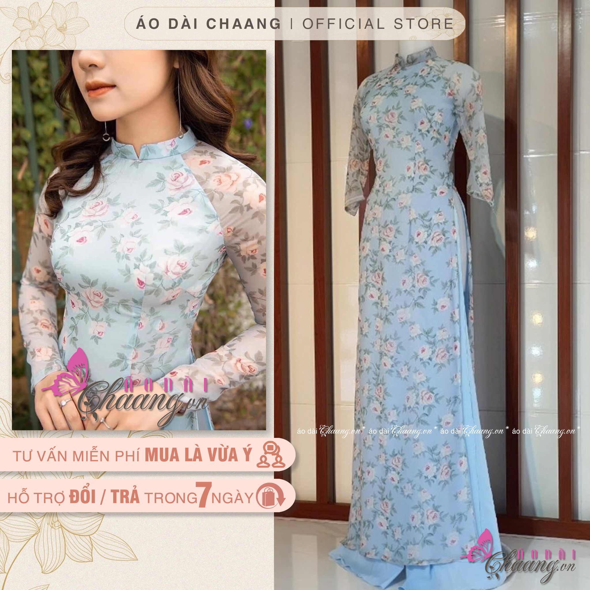 Áo dài hoa nhí - Chaang May sẵn vải áo dài truyền thống 4 tà, vải lụa kết hợp to hoa nhí xanh đẹp