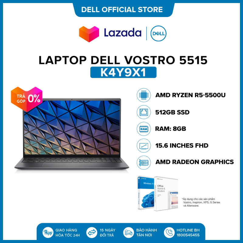 Laptop Dell Vostro 5515 15.6 inches FHD  (AMD Ryzen R5-5500U / 8GB / 512GB SSD / AMD Radeon Graphics / Finger Print / Office Home & Student 2019 / Win 10 Home SL) l Gray l K4Y9X1