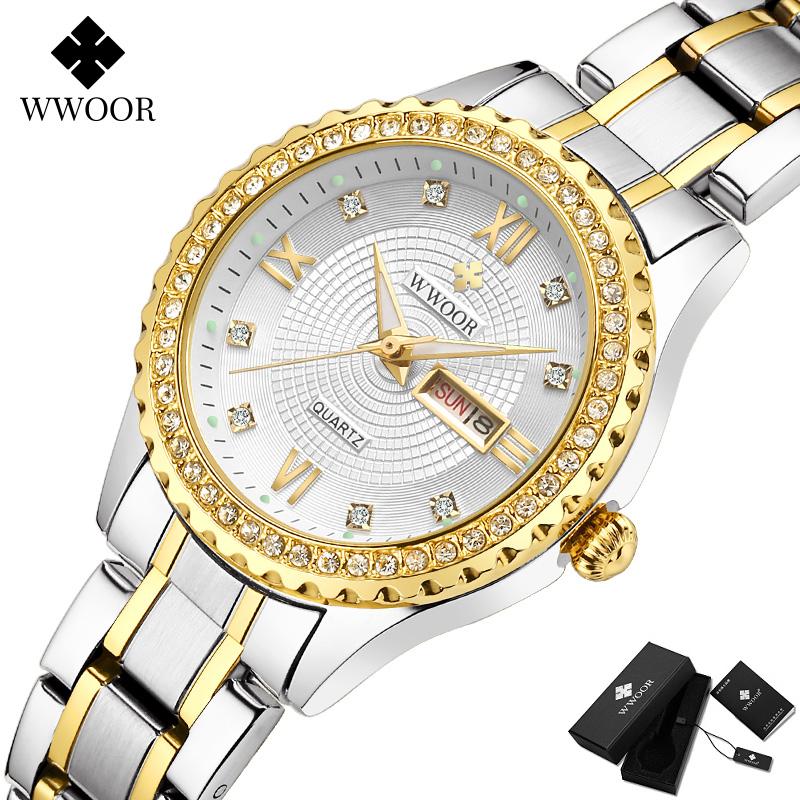 WWOOR Top Luxury Brand Calendar Stainless Steel Auto Date Diamond Analog Quartz Waterproof Casual Original Wristwatch
