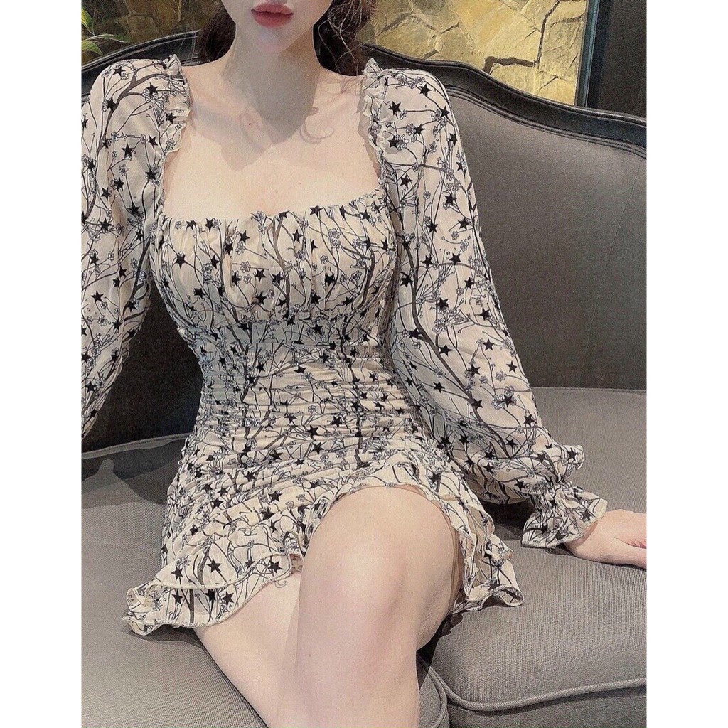 [Ảnh thật] Đầm hoa họa tiết nhún ngực ôm body tay dài lai bèo cực quyến rũ