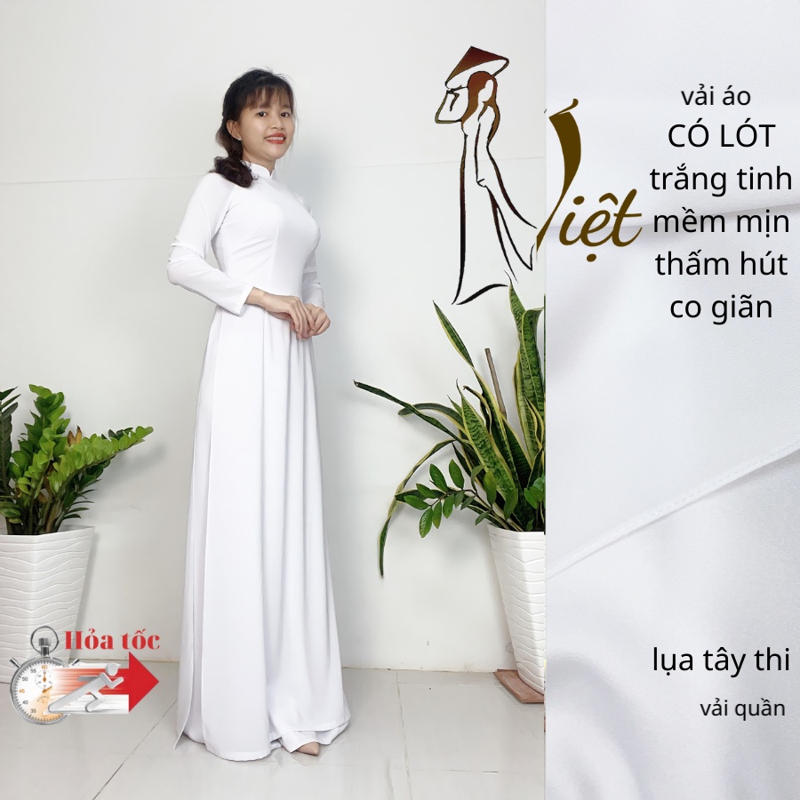 Áo Dài Trắng Nữ Học Sinh Cấp 3 Đi Học May Sẵn Truyền Thống Lụa Nhật Có Lớp Lót