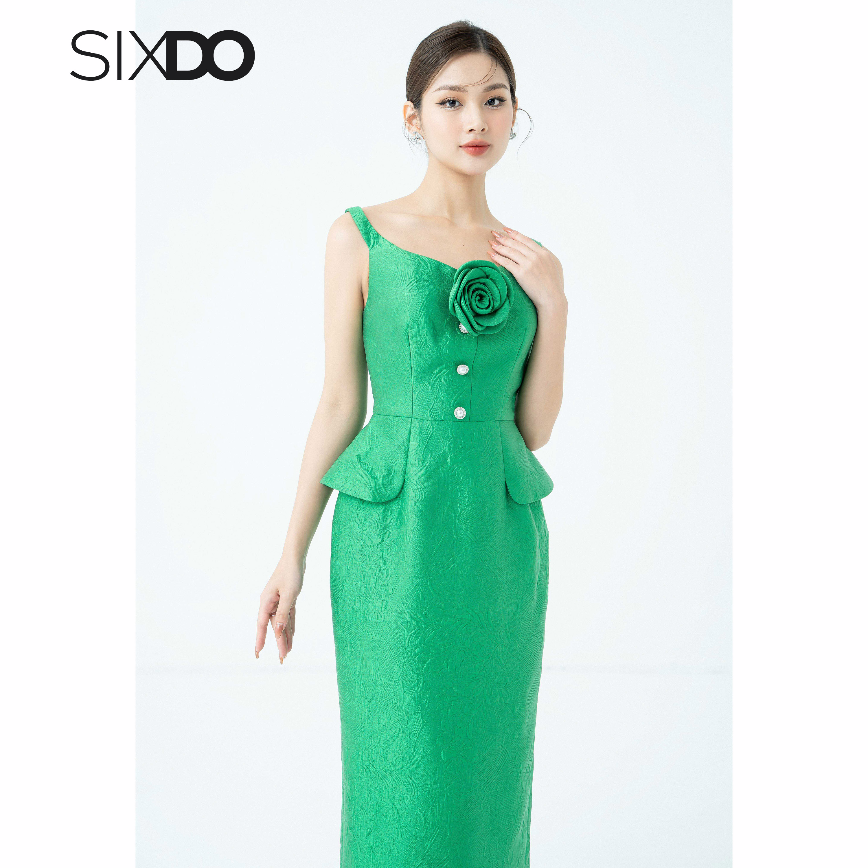 Đầm gấm trễ vai dáng bút chì thời trang SIXDO (Off-shoulder Midi Brocade Dress)