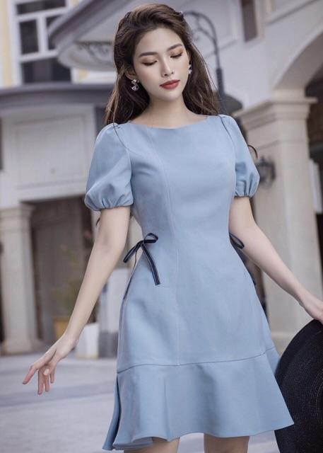 Đầm xanh xám nơ eo (kèm hình thật)