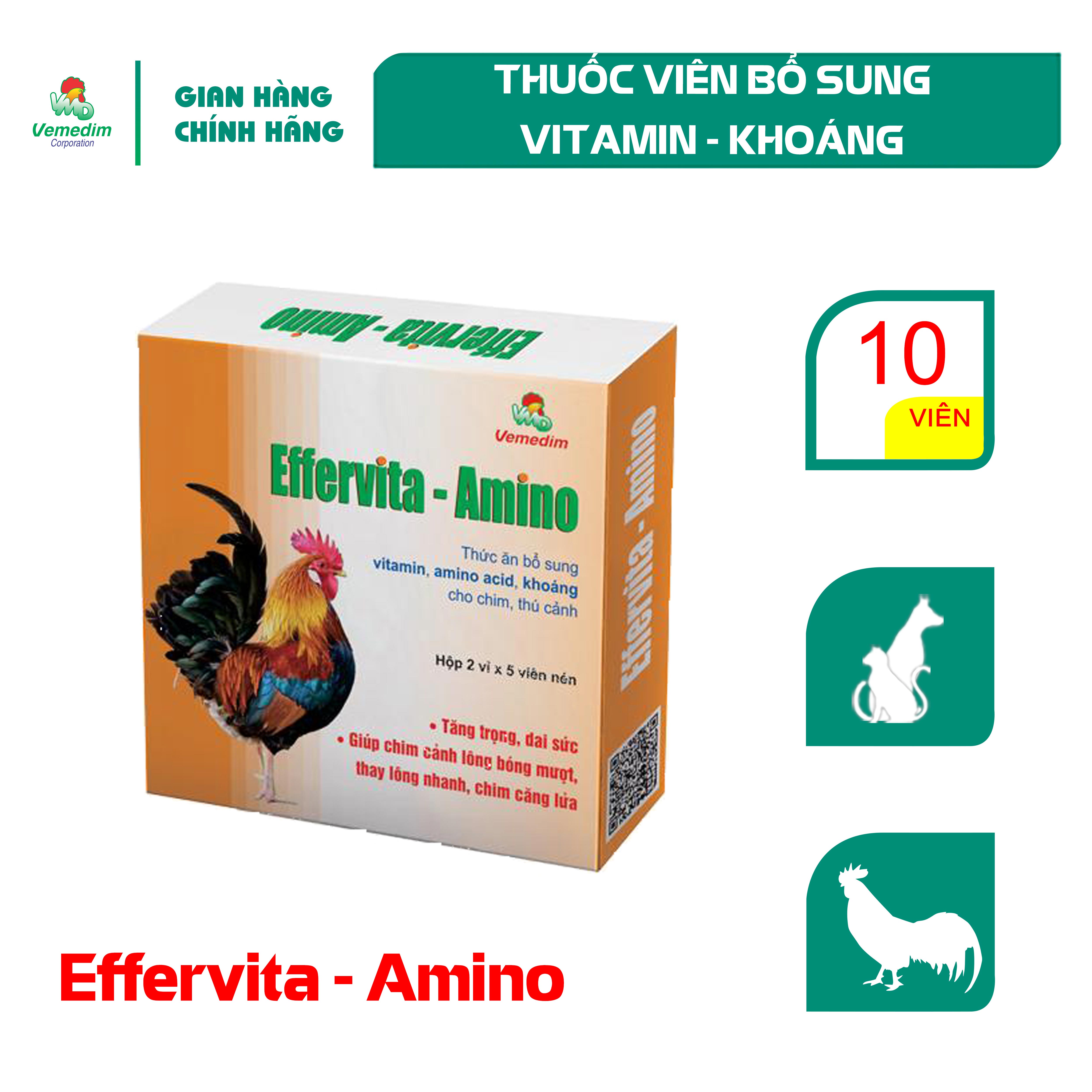 "Hoàn tiền đến 10%" Vemedim Effervita-amino dạng viên giúp chim cảnh, chó mèo lông bóng mượt, sức khỏe tốt, hộp 10 viên