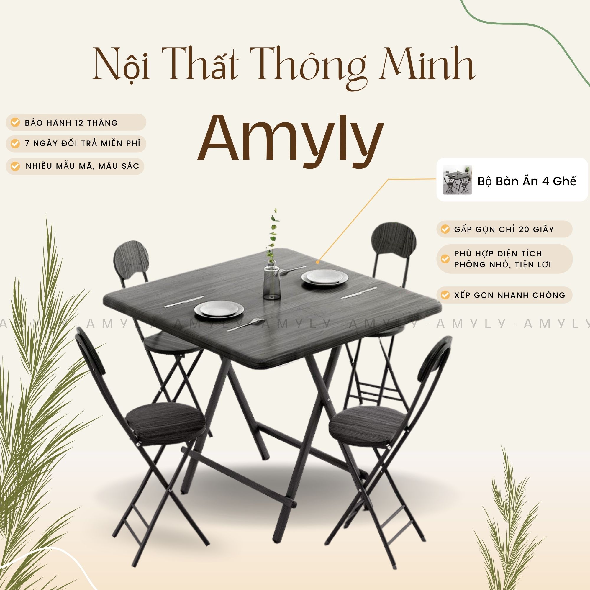 Bộ Bàn Ăn 4 Ghế AMYLY Bàn Ghế Ăn, Cà Phê Gập Gọn Tiện Lợi Nhiều Kích Cỡ Ba Màu Đen, Nâu, Trắng Nhiều Kích Cỡ