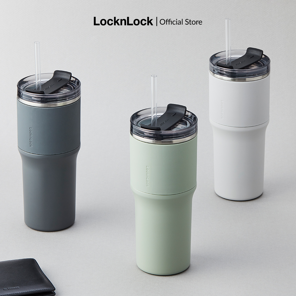 LHC4277 - Bình giữ nhiệt LocknLock Metro Drive 650ml kèm ống hút và cọ rửa - Nắp trong suốt, thân bình thép không gỉ - Hàng chính hãng