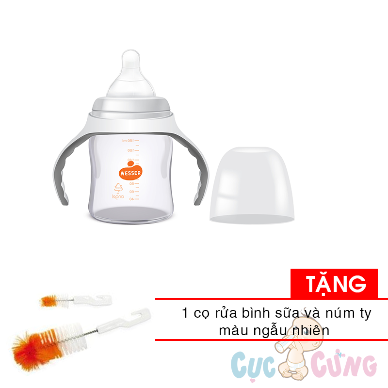 Bình sữa Wesser công nghệ kháng khuẩn cổ rộng 180ml nhựa - Tặng 1 cọ rửa binh sua