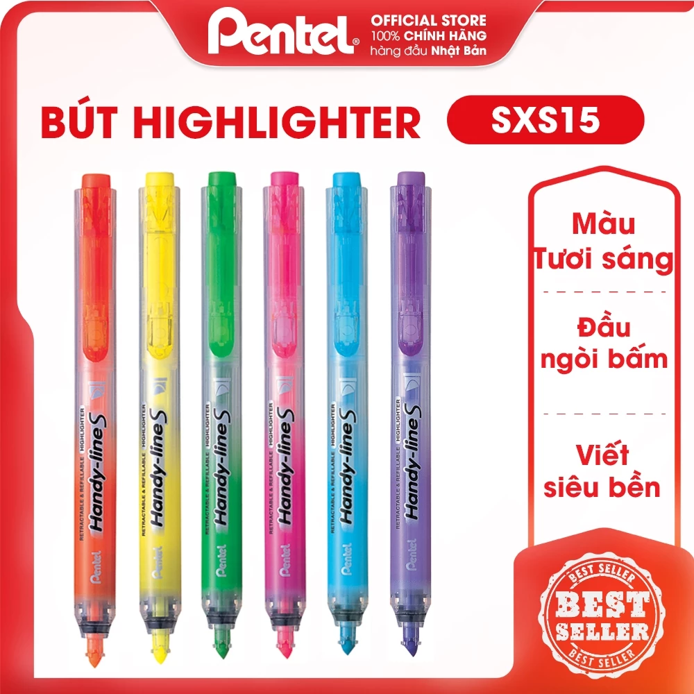 (Mua 2 tặng 1 - tặng kèm ruột SLR3 thay thế) Bút Dạ Quang Nhớ Dòng Highlight Nhật Bản PENTEL HANDYLINES SXS15, Nét 4.0mm Mực Ra Đều, Màu Mực Tươi Sáng