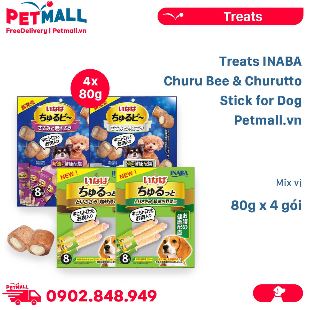 Combo Treats INABA Churu Bee & Churutto Stick for Dog 80g - Mix vị