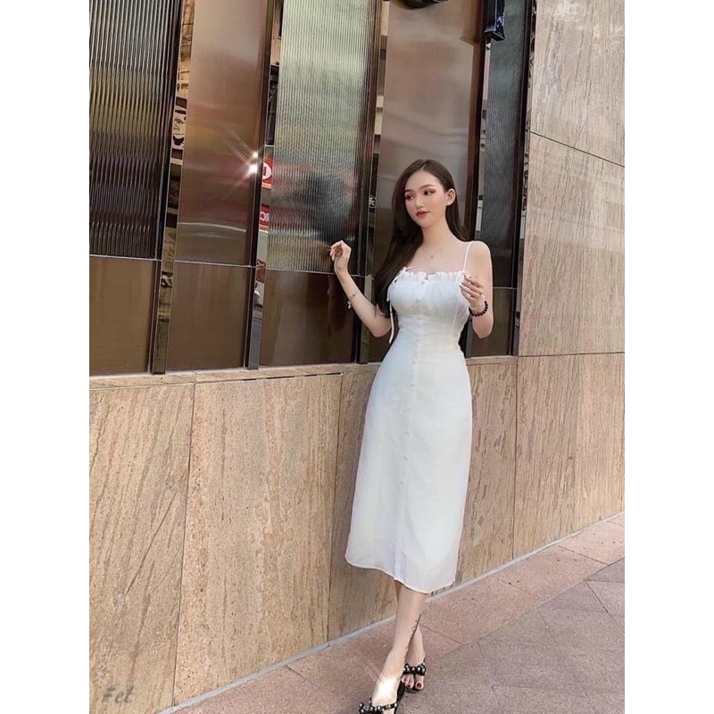 Đầm 2 dây nút bọc 2 màu