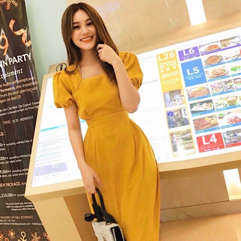 Đầm cổ vuông 2 màu cột nơ