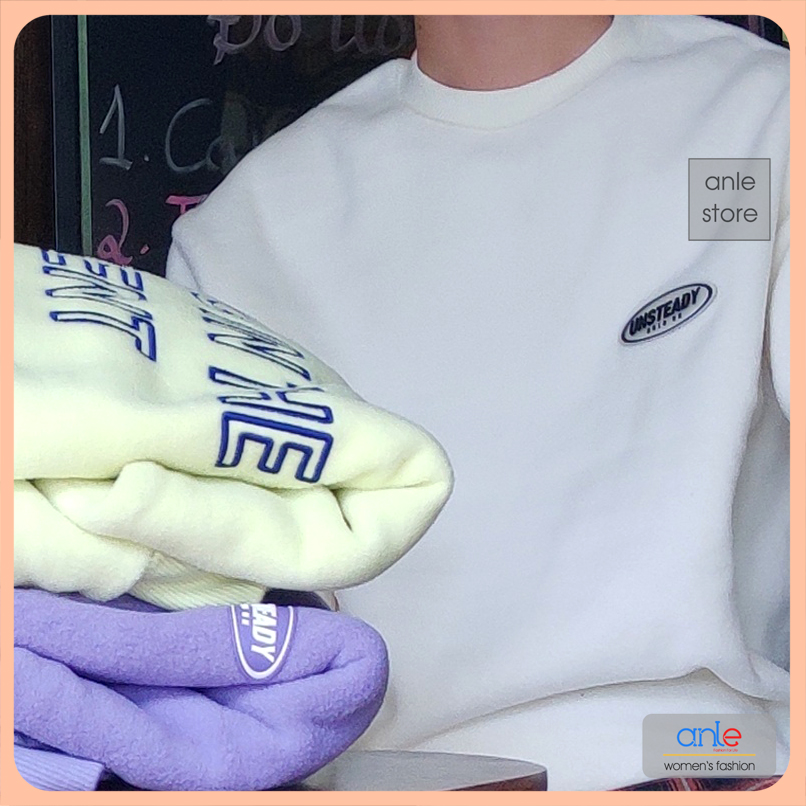 Áo thun, áo nỉ bông Sweater Unisex Nam, Nữ Ulzzang  dáng rộng phong cách Hàn Quốc, cổ tròn 3 màu Trắng, Xanh, Tím Thêu chữ, logo hot hit