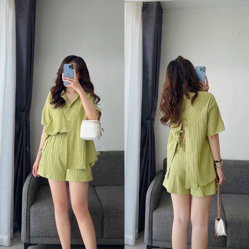 Set Bộ Nữ Áo Somi thắt lưng kèm quần