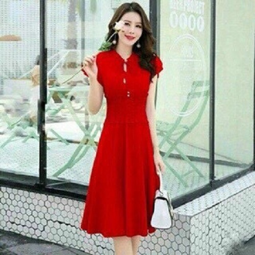 [HCM]Đầm tiểu thư nhún eo dễ thương bốn màu ( màu hồng màu đen màu đỏ và màu vàng )