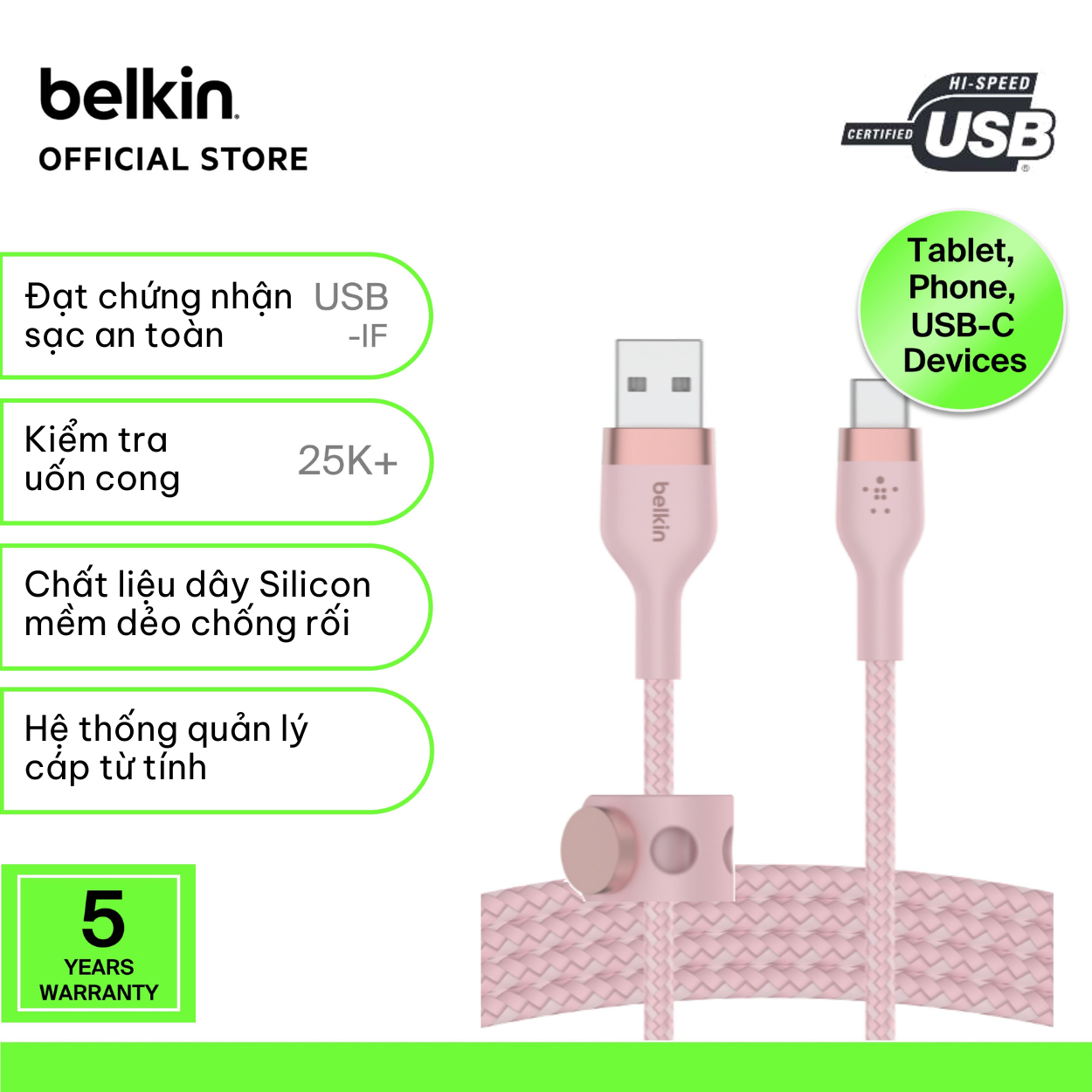 Cáp sạc USB Type C BOOST↑CHARGE™ PRO Flex Belkin vỏ silicon bọc dù 60W 1m CAB010 (tương thích iPhone 15)