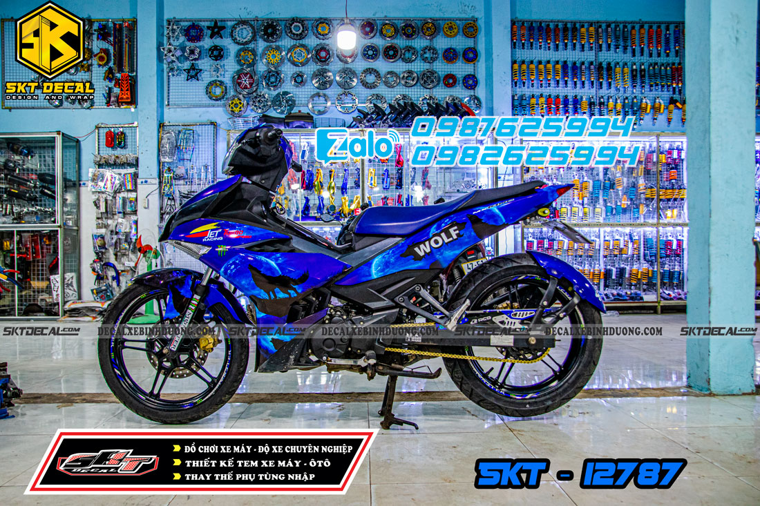 tem trùm xe exciter 150 xanh đen sói đem wolf