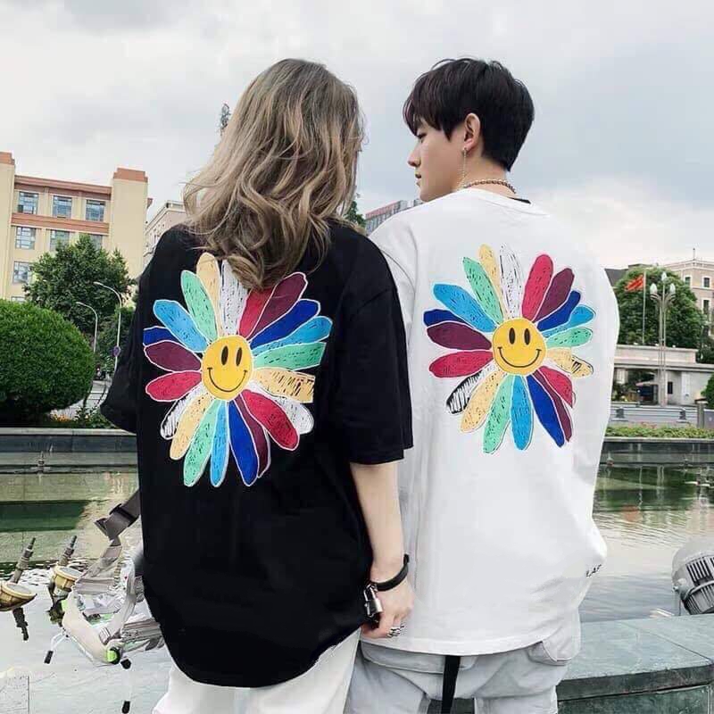 [HCM]Áo Cặp - Áo thun nam nữ form rộng Hàn quốc in hình Hoa Cười dễ thương thiết kế thời trang đường may tỉ mỉ vải dày mịn mát