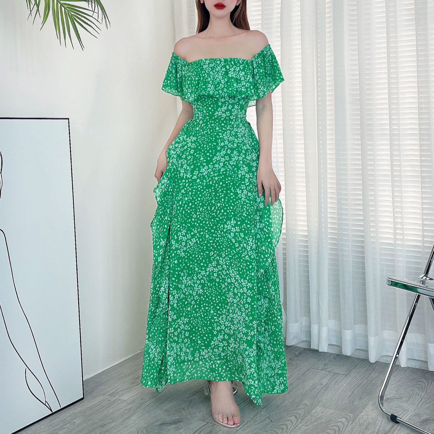 Đầm maxi nữ hoa bèo dọc đuôi cá có thắt eo MIMIX CE5265